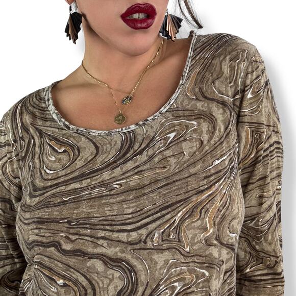 90's tan trippy swirl camo cotton blend scoop neck semi sheer blouse by FRESH - Picture 7 of 16